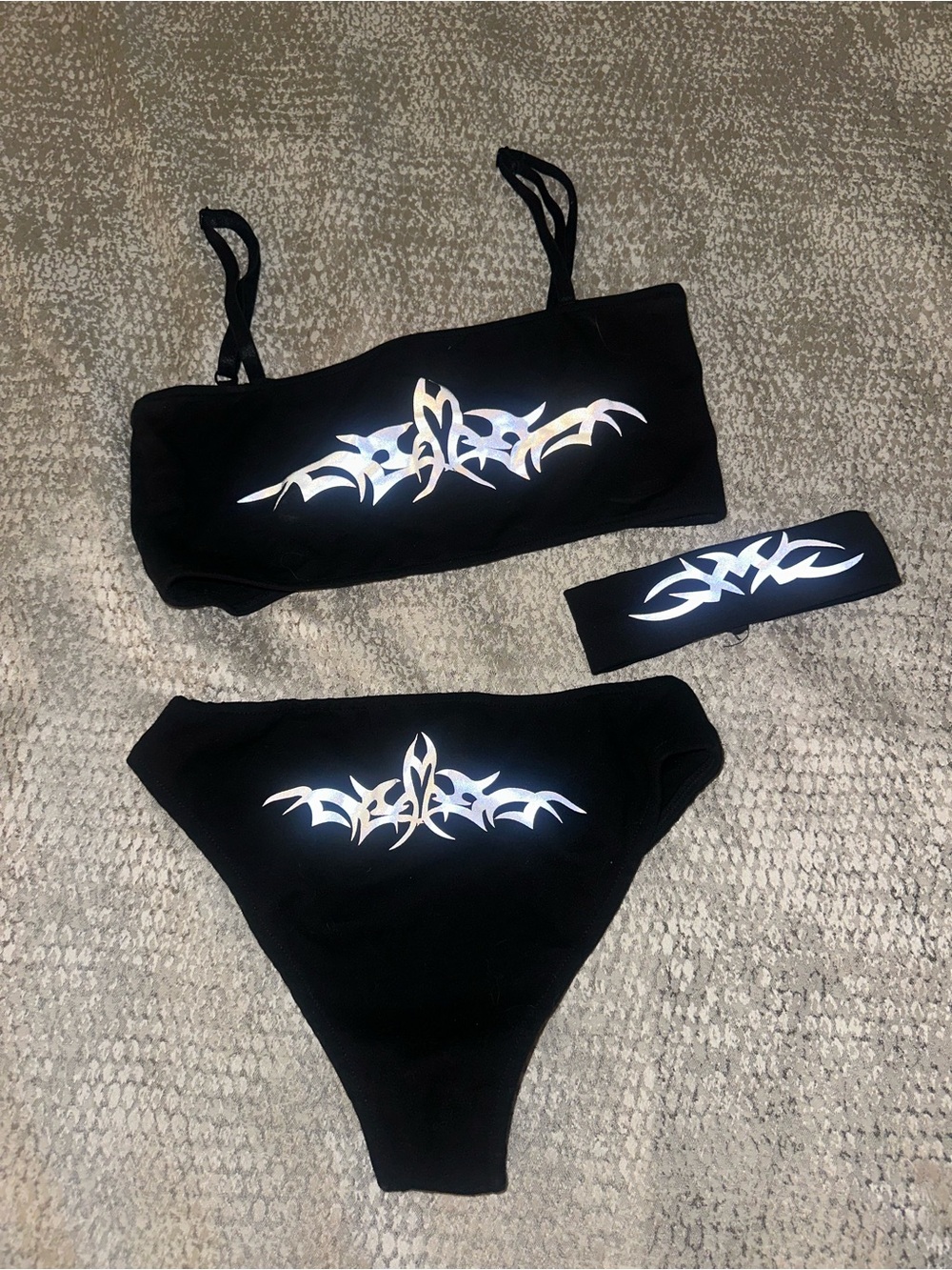 Dolls Kill Black Reflective Bikini Set with Headband/Choker